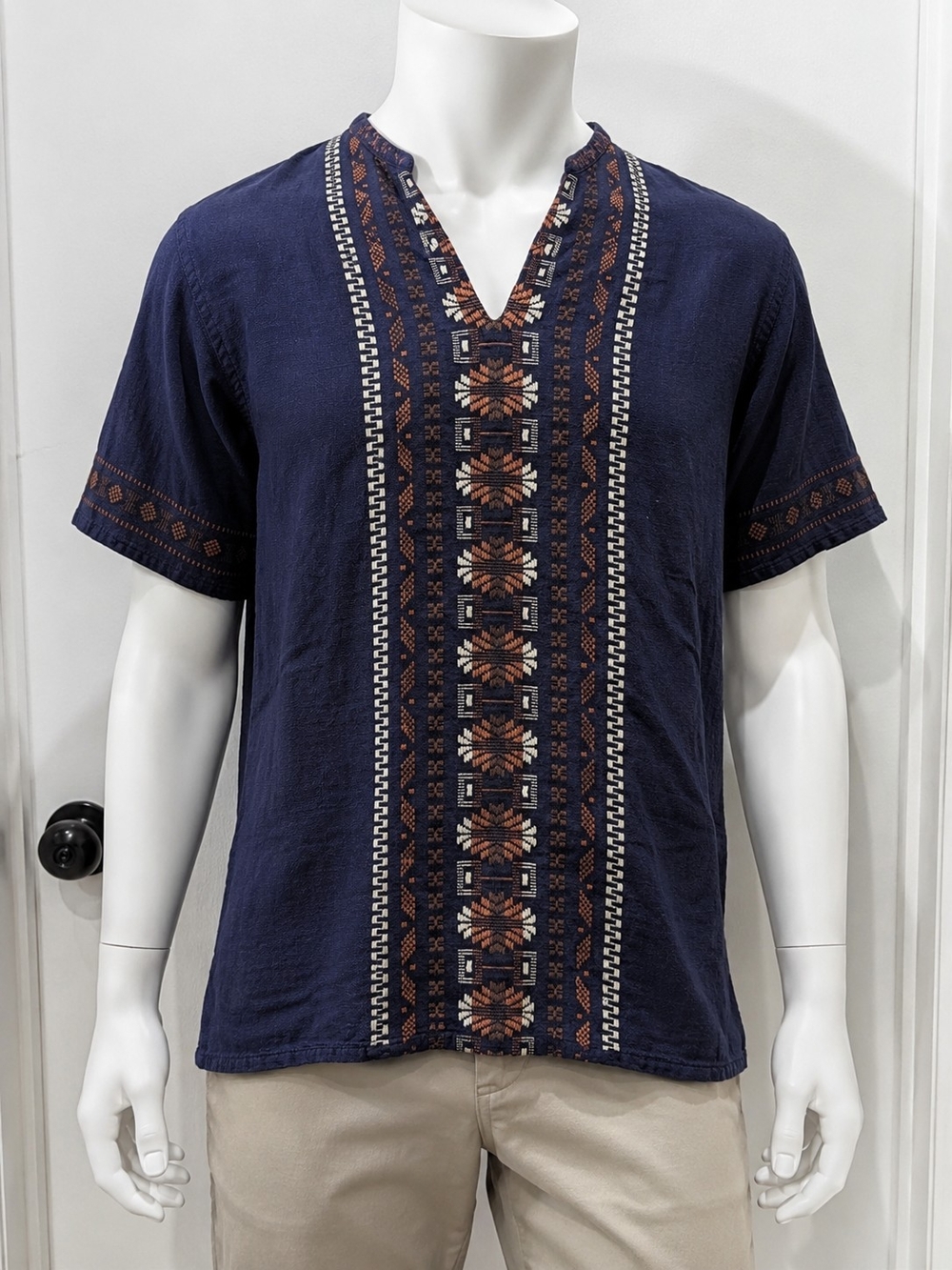 Boho Embroidered Tunic Top Unisex Navy Blue Tribal Festival Shirt Relaxed Fit
